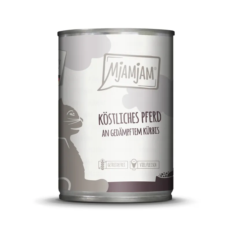 Sparpaket 6 x 400 g Mjamjam köstliches Pferd an gedämpftem Kürbis Katzen Nassfutter Saisonangebot